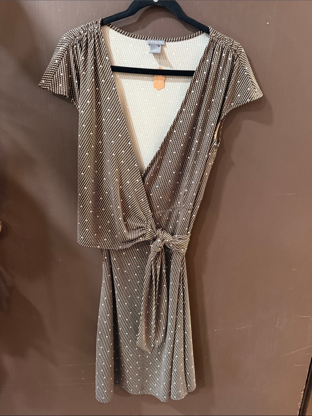 Ann Taylor Brown Wrap-Front Short Sleeve Dress with Dot Print